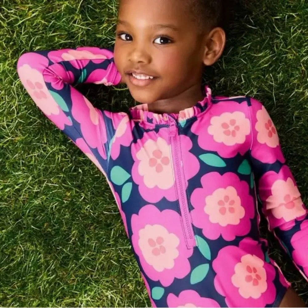 NEW Carter's Girls' Long Sleeve One Piece Rash Guard UPF 50 Pink flowers swim - Picture 2 of 3